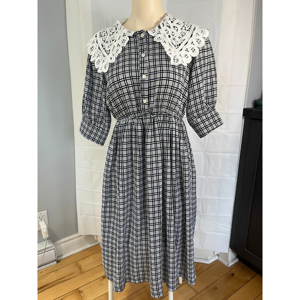 Korean Vintage Style Grid Print Midi Dress Crochet Lace Collar Black White Posh - Picture 1 of 14